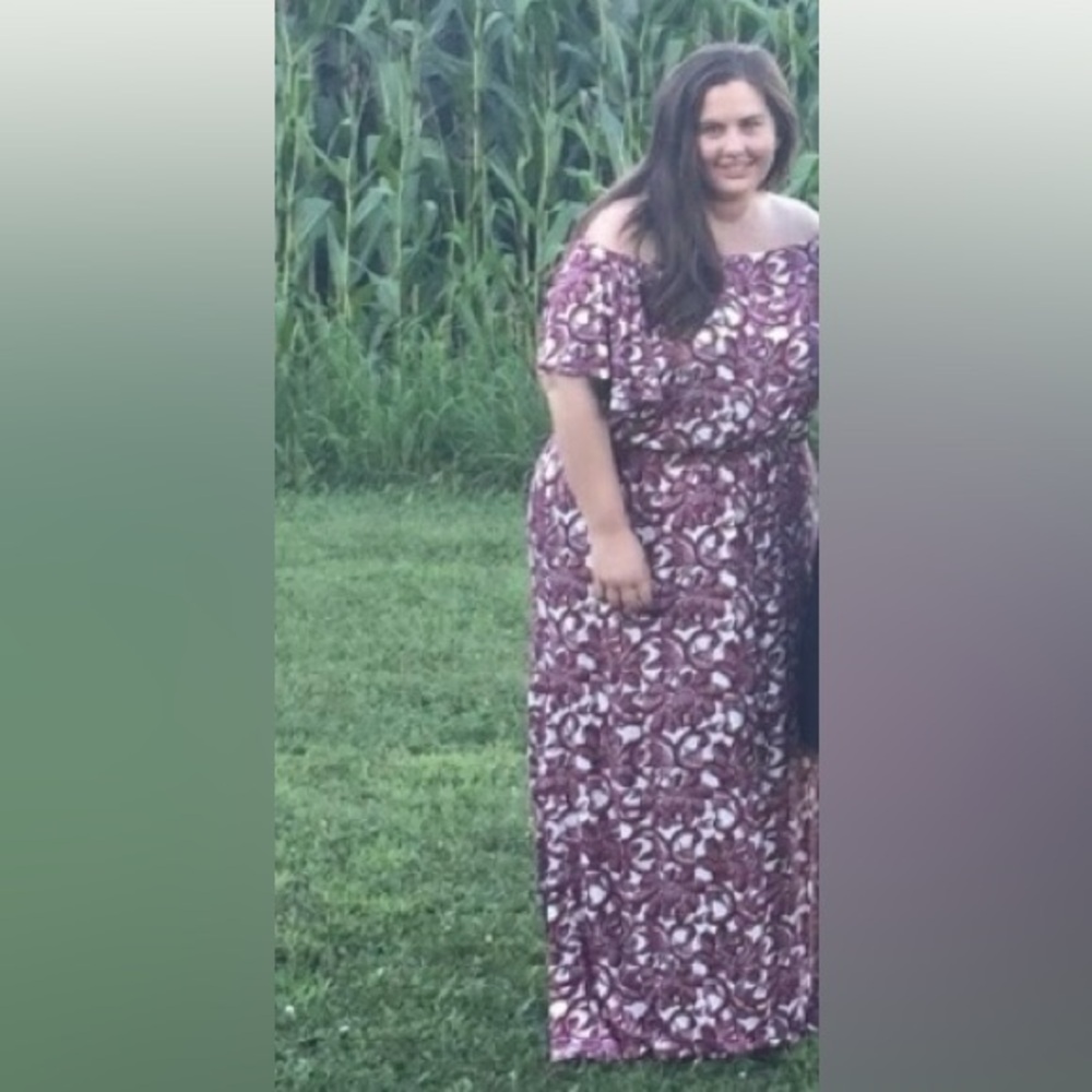 LOFT Maroon/Purple and White Off-Shoulder Maxi Sundress